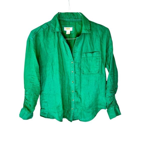 Maeve 100% Linen‎ Kelly Green Button Down Long Sleeve Lagenlook XS Anthro - Picture 2 of 13